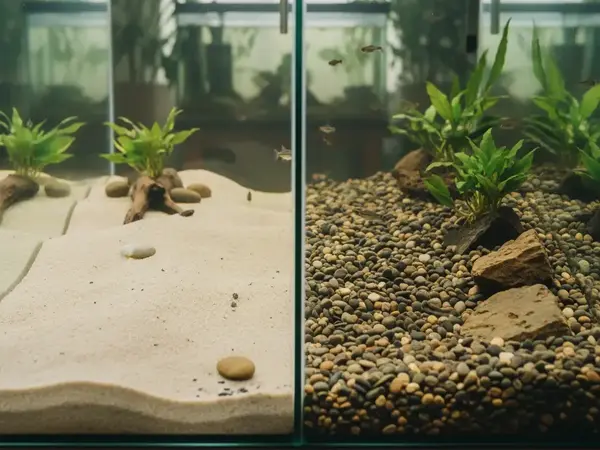 A side-by-side comparison of two planted aquariums, showing fine, light-colored sand substrate on the left and coarse, natural-toned gravel substrate on the right.