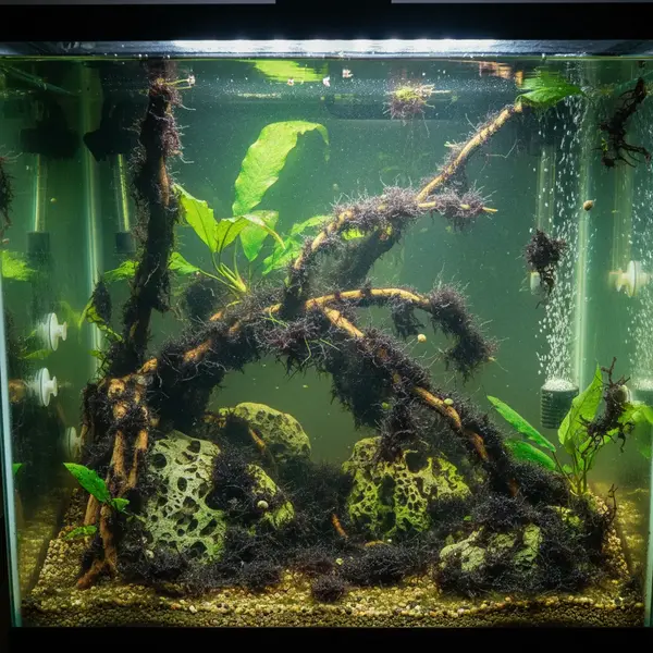 Freshwater aquarium hardscape heavily covered in Black Beard Algae (BBA) tufts in a fishless tank