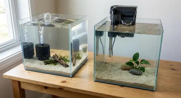 A side-by-side comparison of two minimalist nano cube aquariums featuring a sponge filter on the left and a hang-on-back (HOB) filter on the right, showcasing filtration options for a clean aquarium aesthetic.