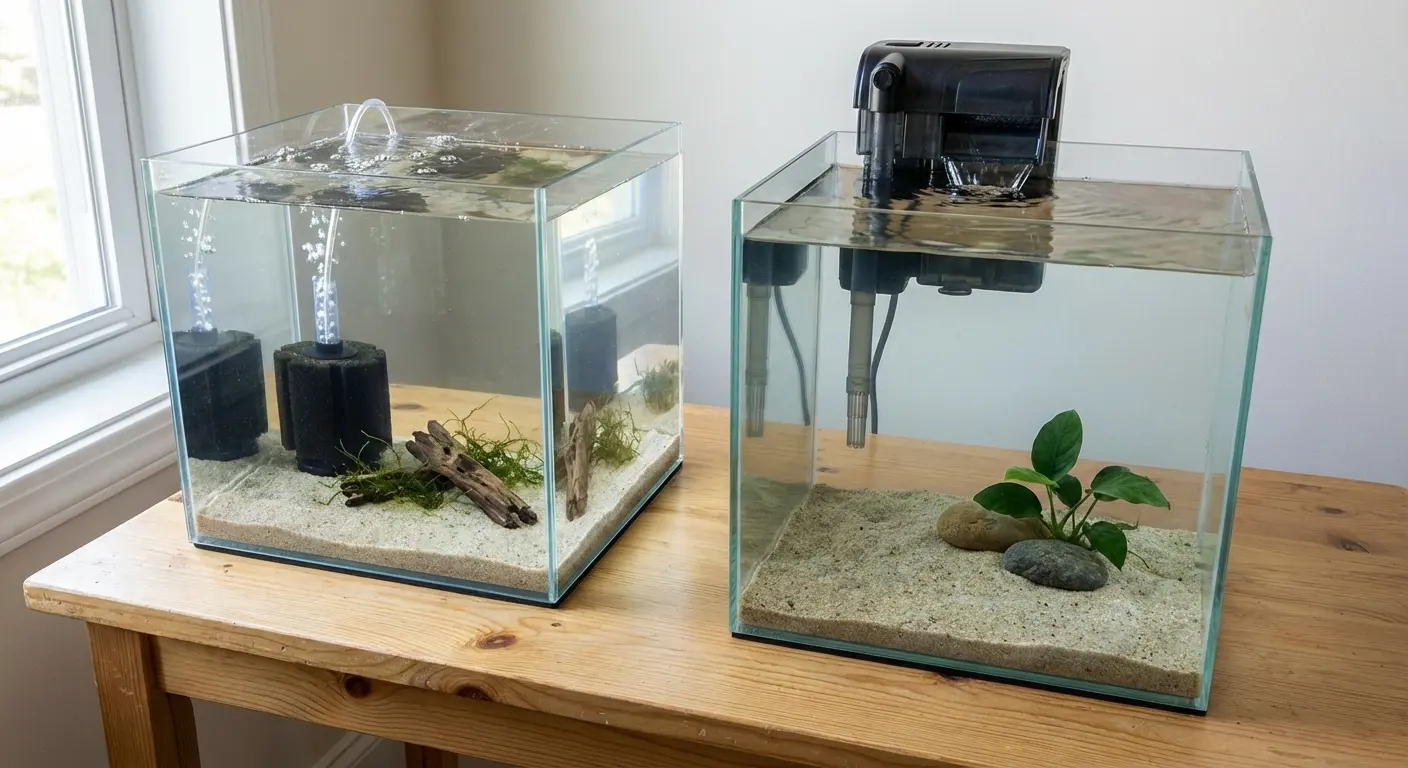 A side-by-side comparison of two minimalist nano cube aquariums featuring a sponge filter on the left and a hang-on-back (HOB) filter on the right, showcasing filtration options for a clean aquarium aesthetic.